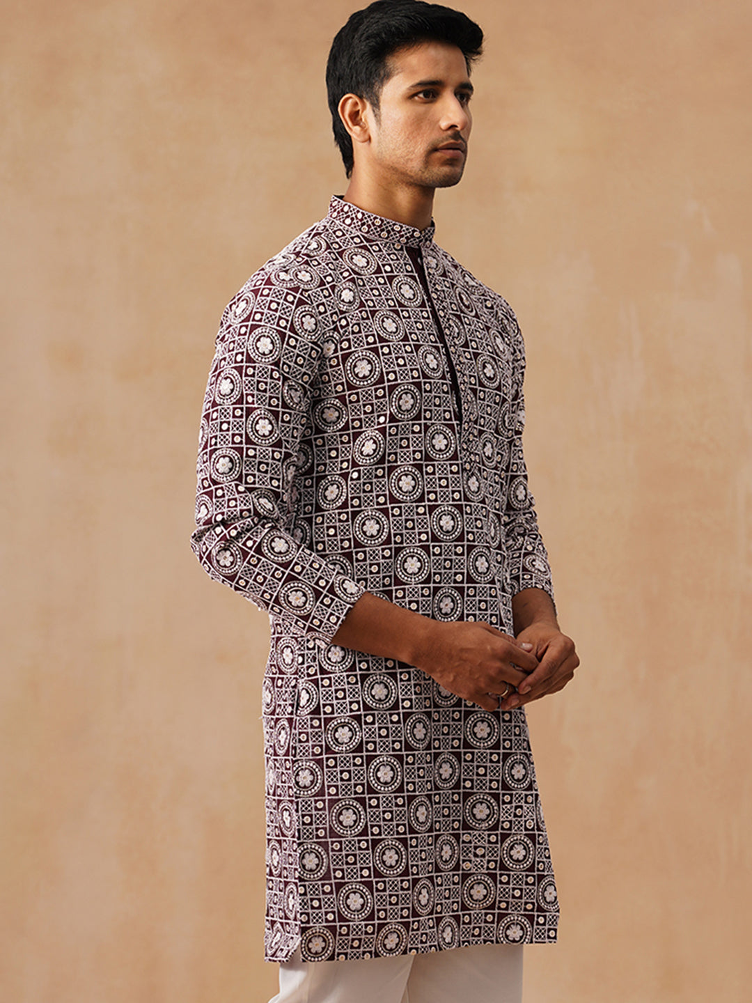 Classic Geometric Embroidered Kurtas ( KO 5279 Wine )