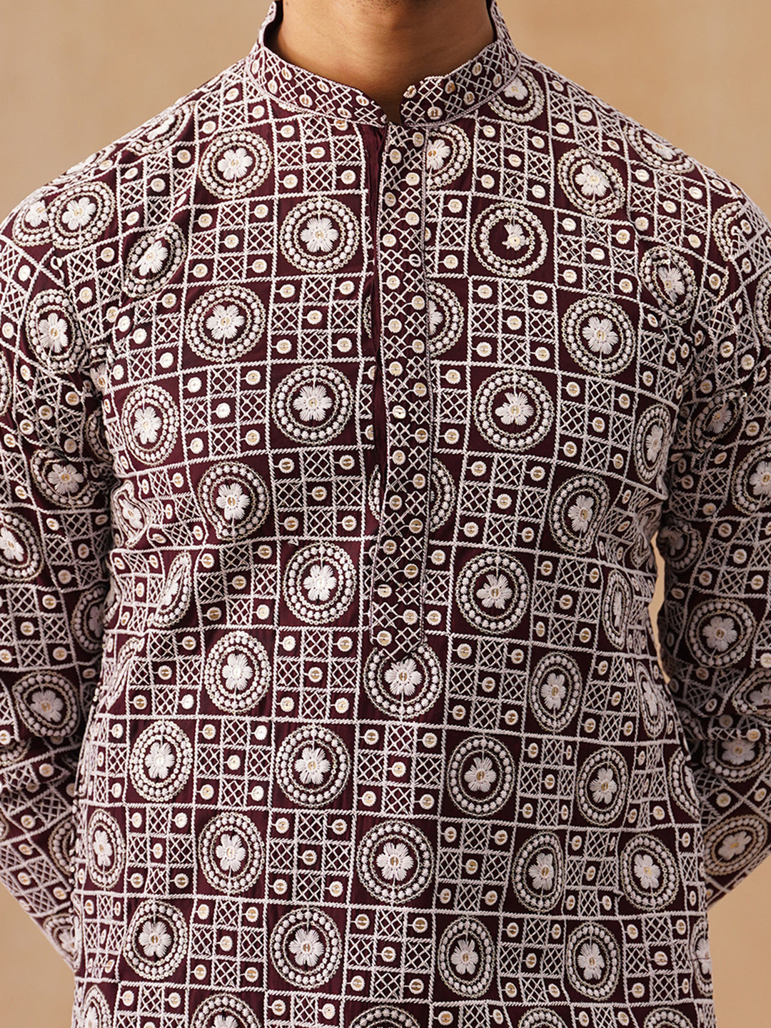 Classic Geometric Embroidered Kurtas ( KO 5279 Wine )