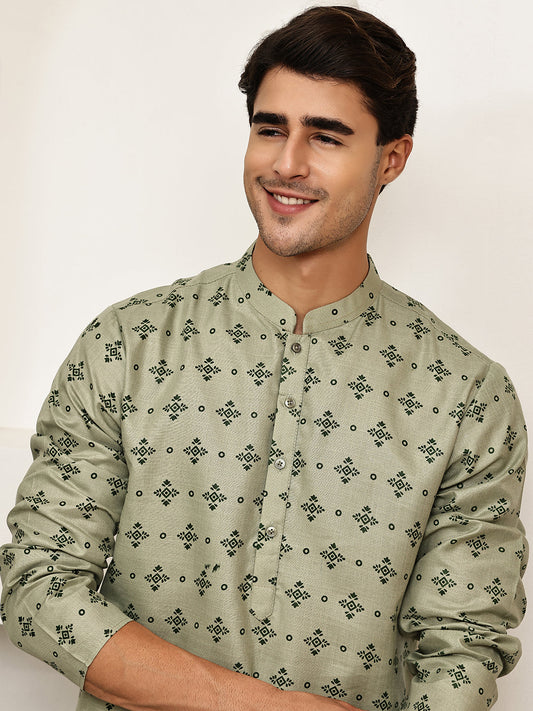 Traditional Floral Printed Kurta for Men ( KO 5281 Pista ) [FF] [D-3]