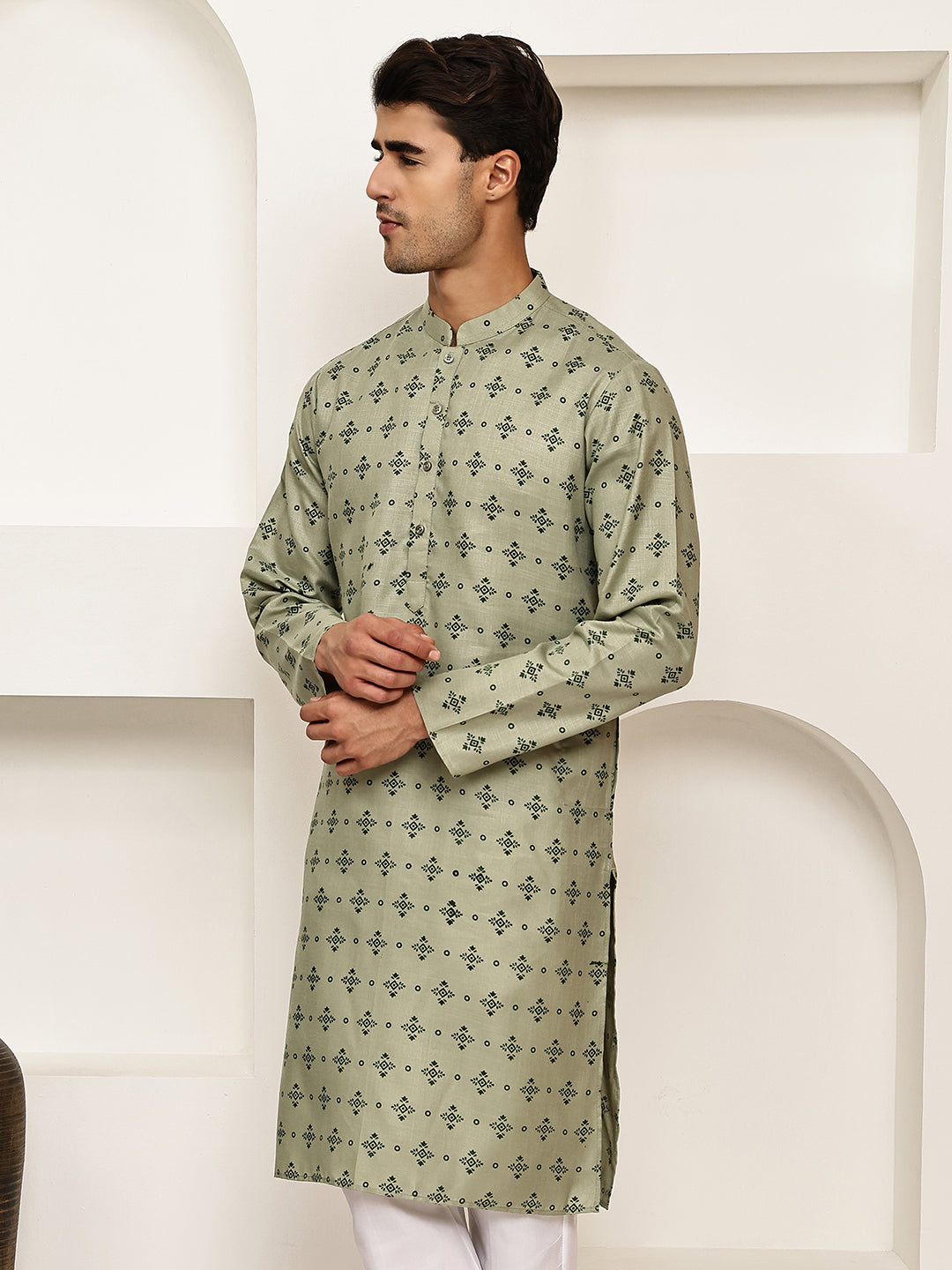 Traditional Floral Printed Kurta for Men ( KO 5281 Pista ) [FF] [D-3]