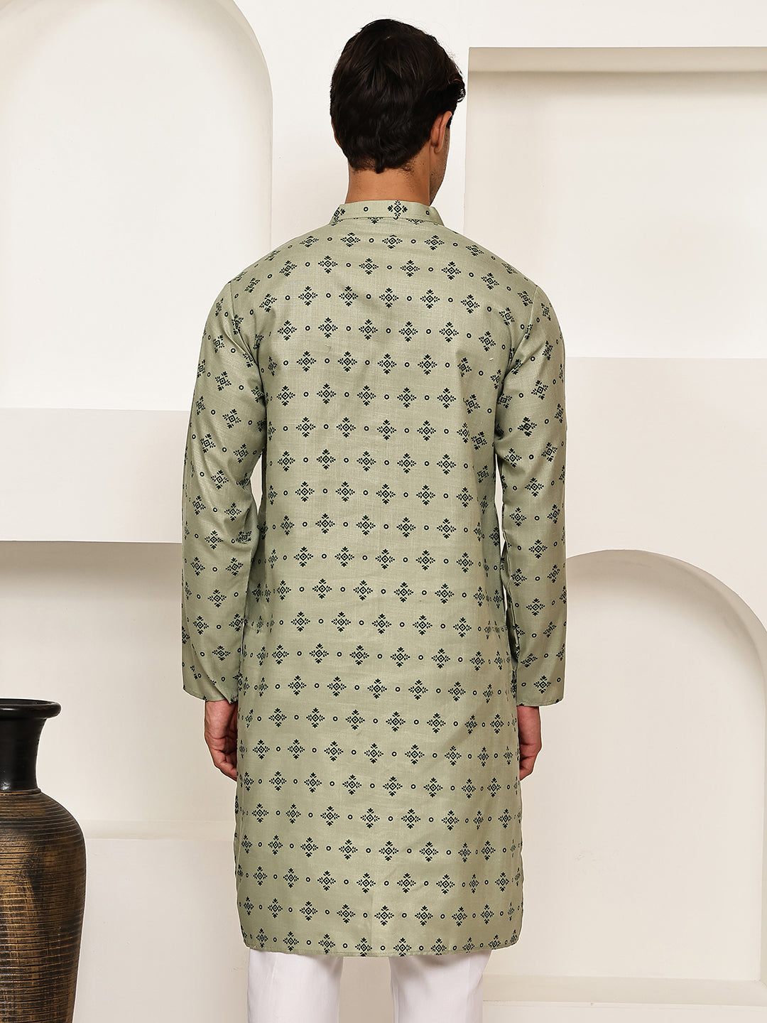 Traditional Floral Printed Kurta for Men ( KO 5281 Pista ) [FF] [D-3]