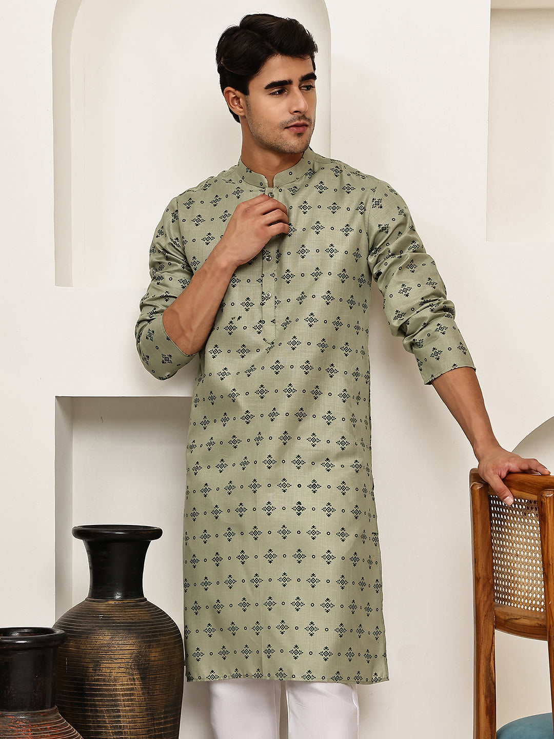 Traditional Floral Printed Kurta for Men ( KO 5281 Pista ) [FF] [D-3]