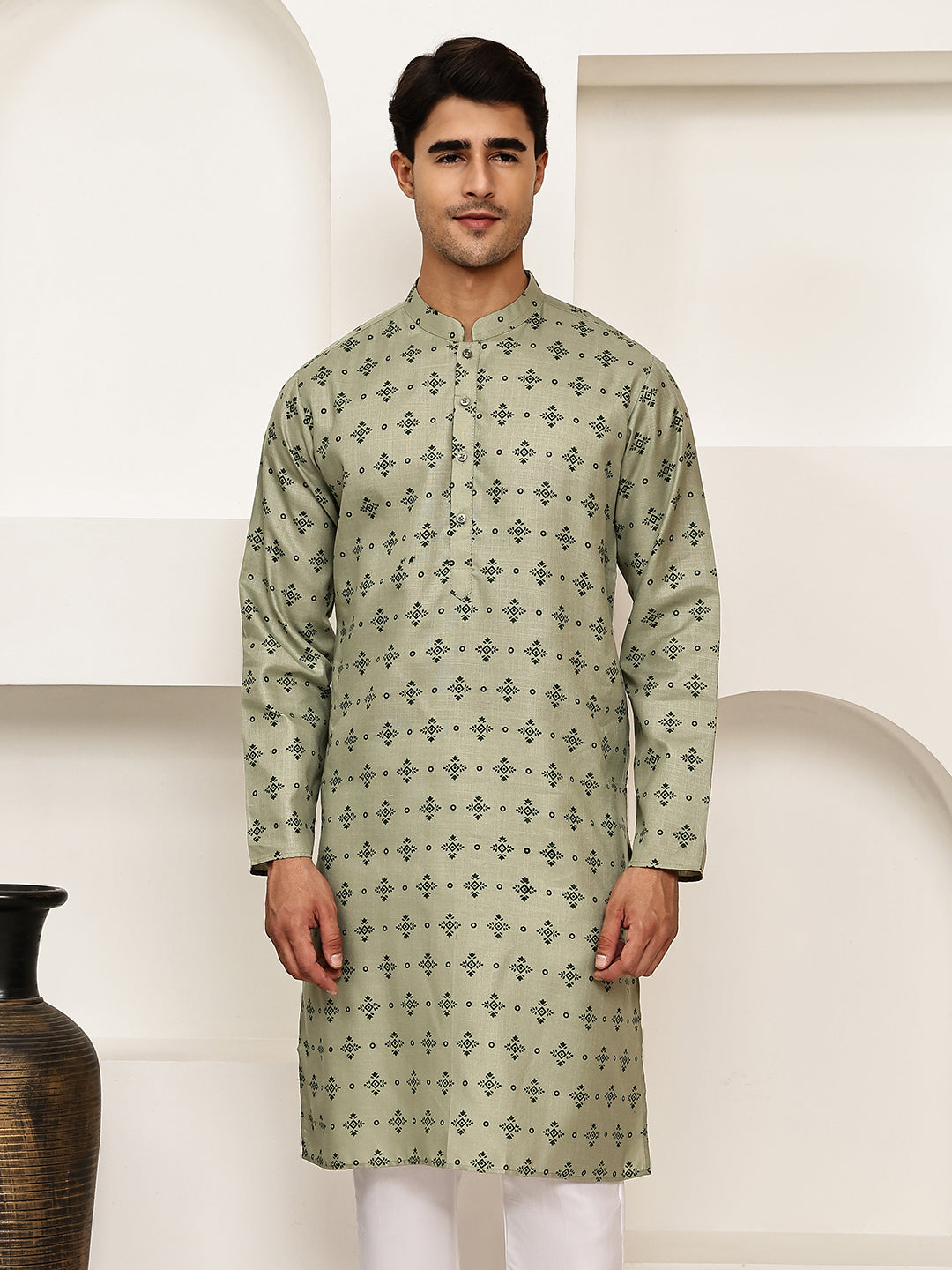 Traditional Floral Printed Kurta for Men ( KO 5281 Pista ) [FF] [D-3]