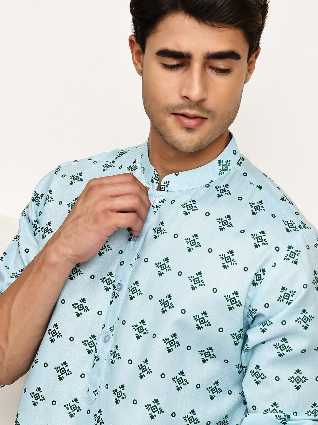 Traditional Floral Printed Kurta for Men ( KO 5281 Sky ) [FF] [D-3]