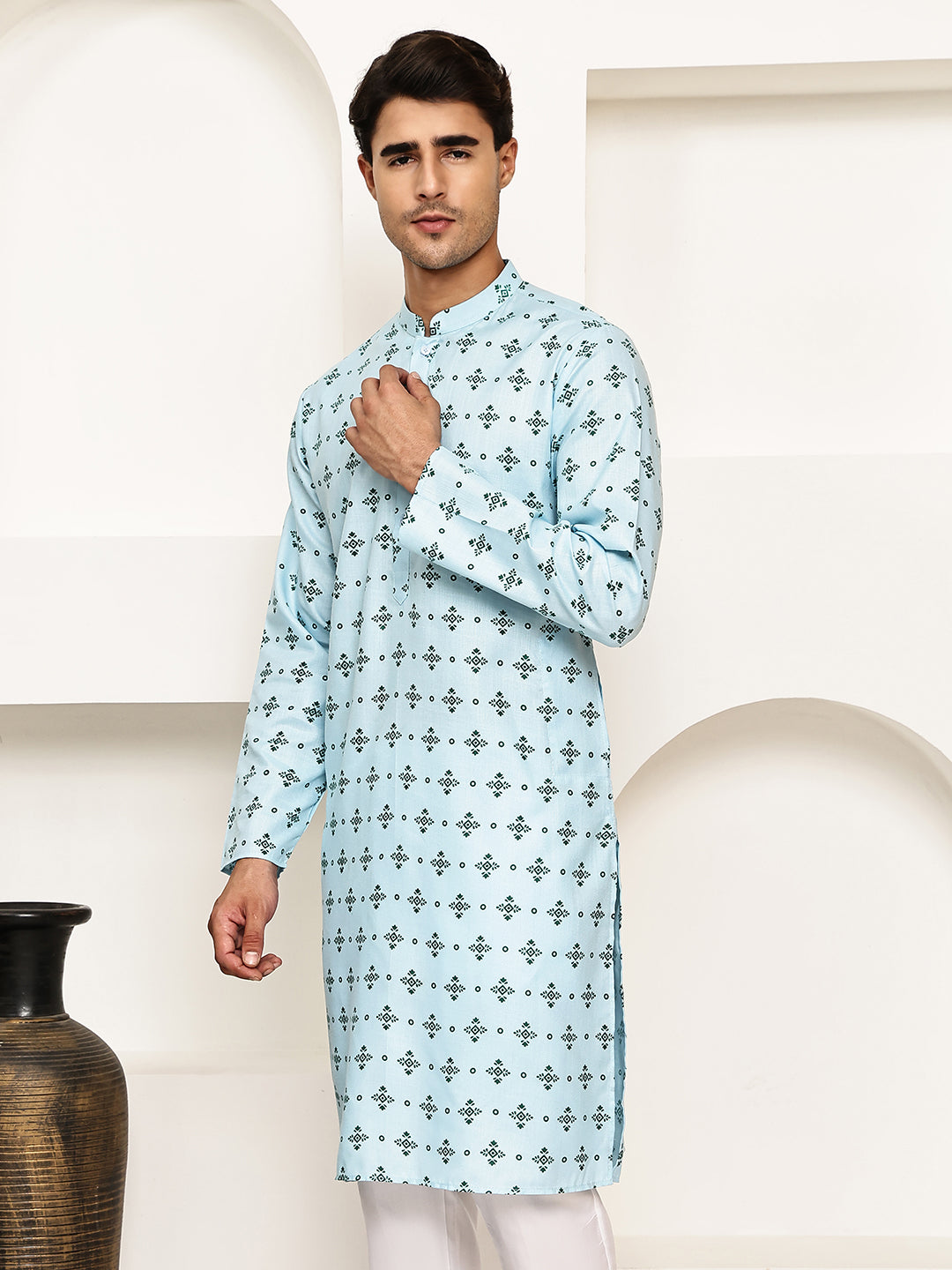 Traditional Floral Printed Kurta for Men ( KO 5281 Sky ) [FF] [D-3]