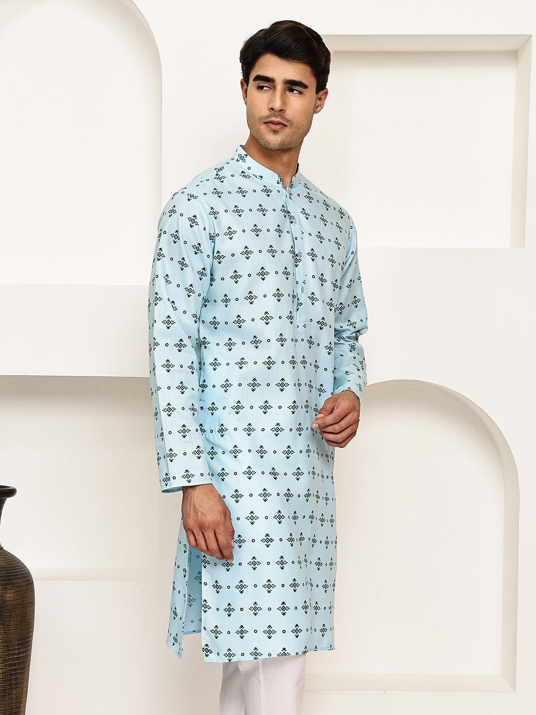 Traditional Floral Printed Kurta for Men ( KO 5281 Sky ) [FF] [D-3]