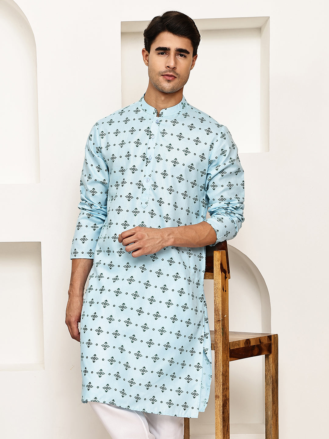 Traditional Floral Printed Kurta for Men ( KO 5281 Sky ) [FF] [D-3]