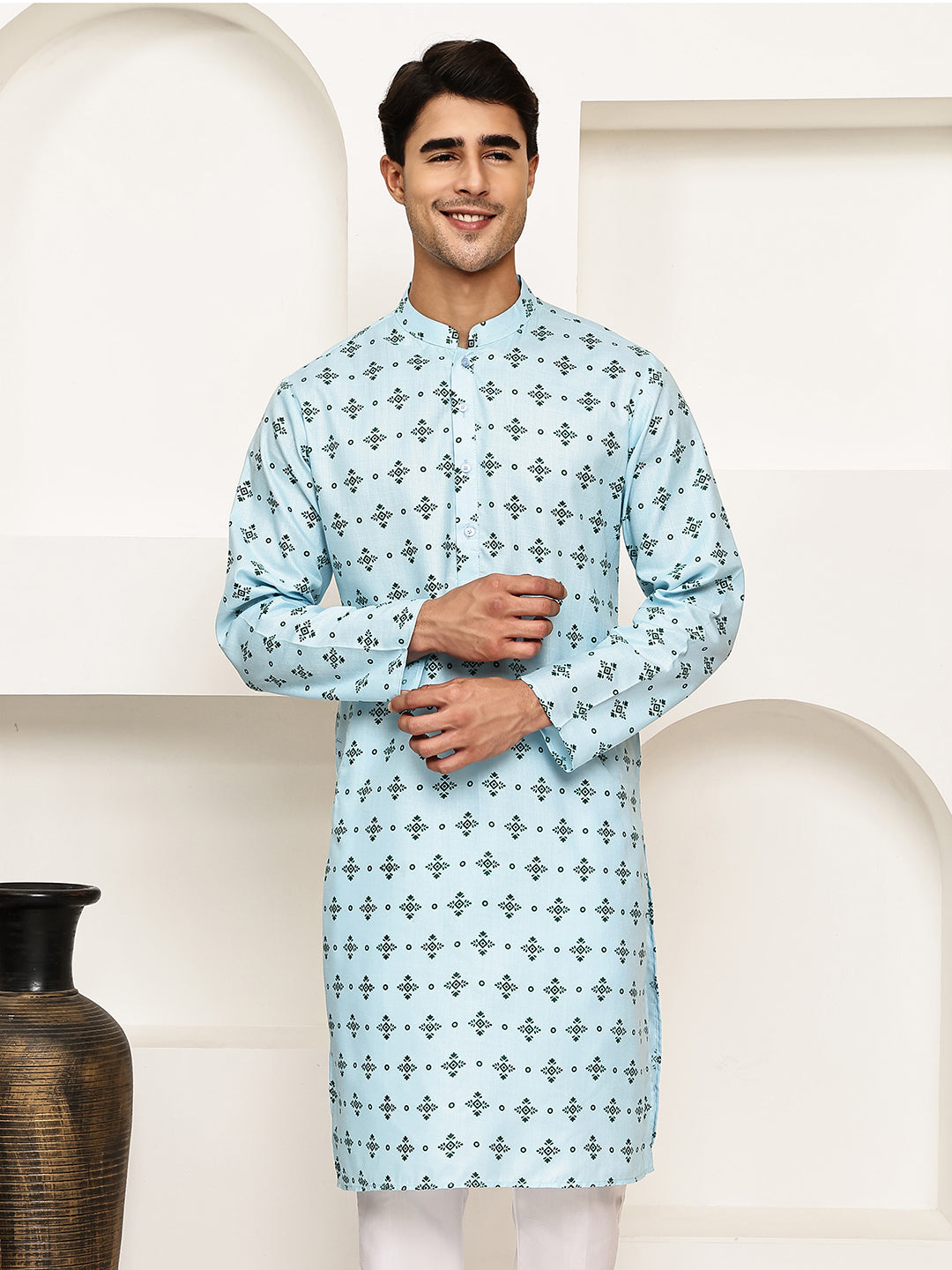Traditional Floral Printed Kurta for Men ( KO 5281 Sky ) [FF] [D-3]