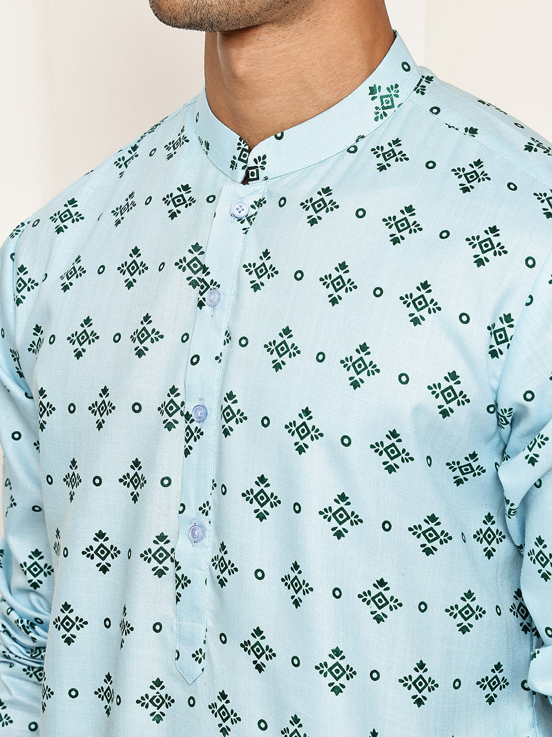 Traditional Floral Printed Kurta for Men ( KO 5281 Sky ) [FF] [D-3]
