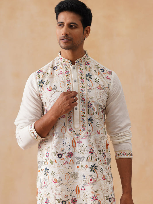 Silk Blend Kurta with Multicolor Embroidery ( KO 5283 White )