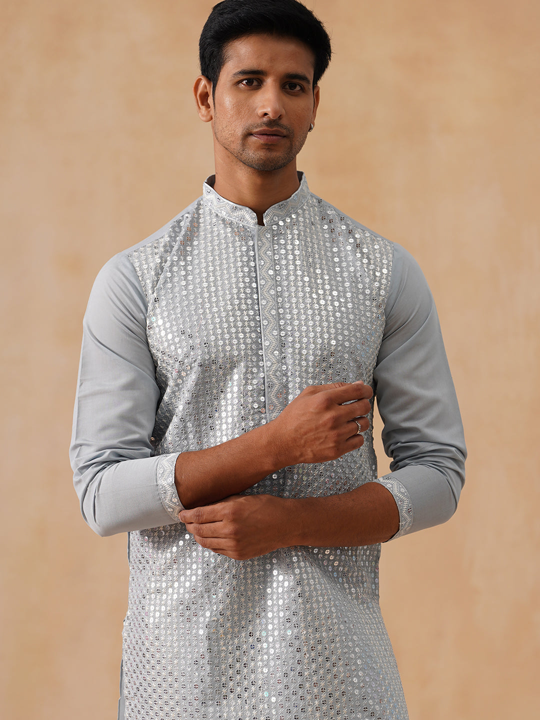 Embroidered Mirror Work Kurta Pyjama ( KO 5286 Grey )