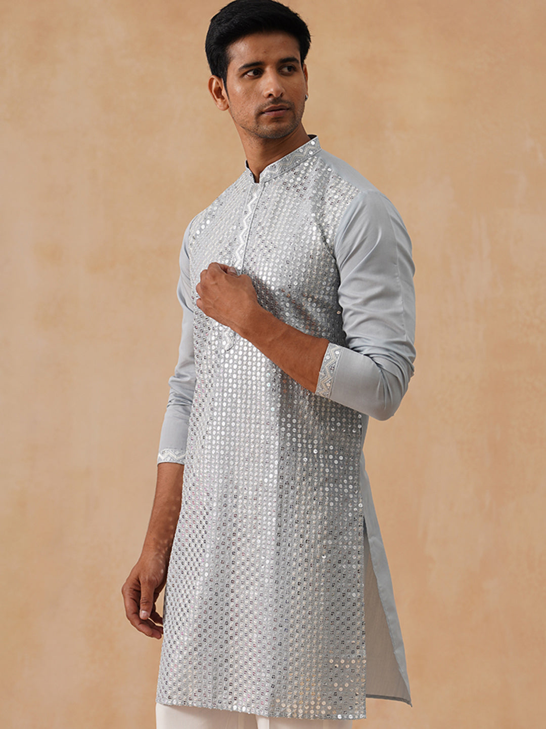 Embroidered Mirror Work Kurta Pyjama ( KO 5286 Grey )