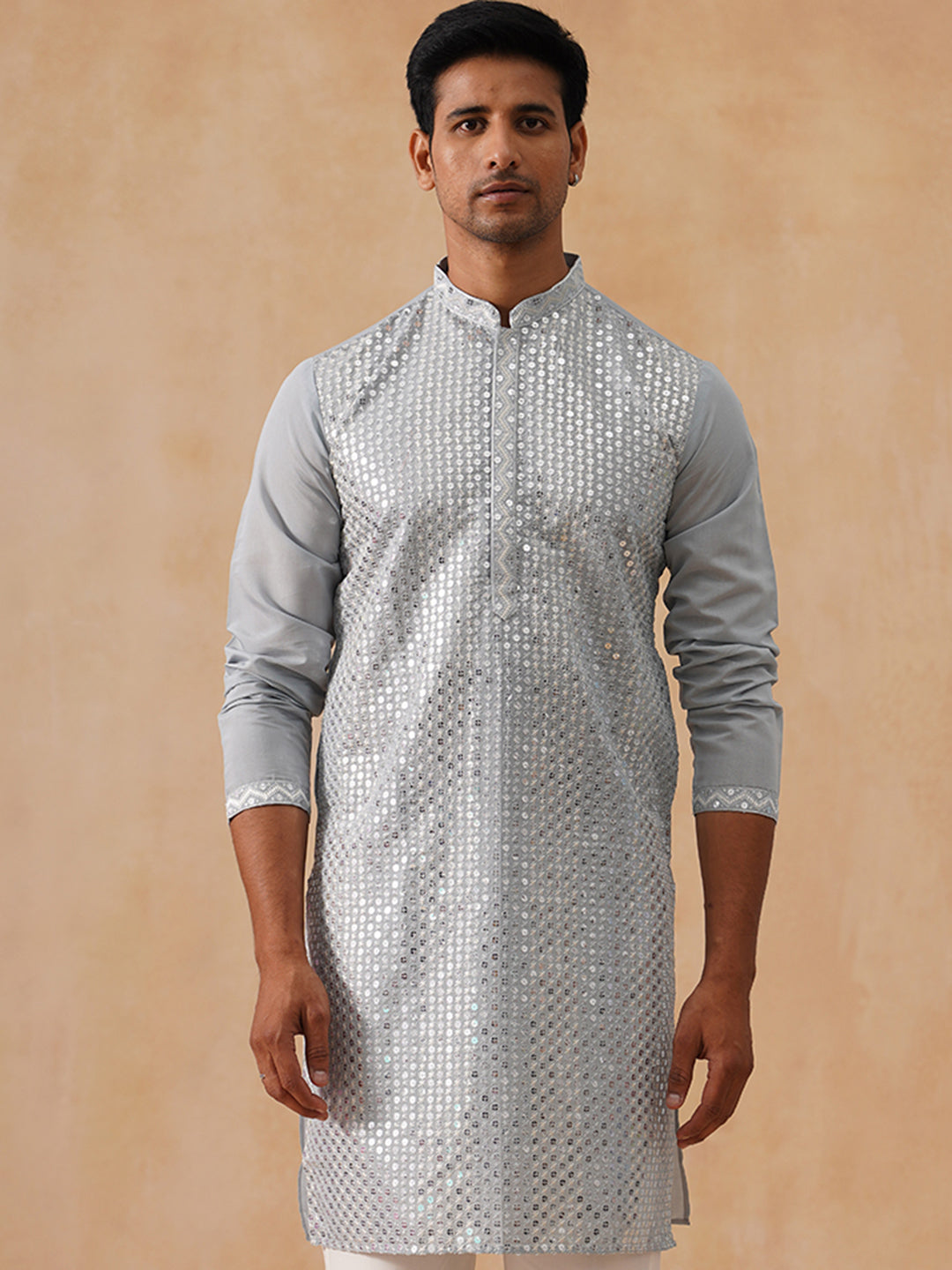 Embroidered Mirror Work Kurta Pyjama ( KO 5286 Grey )