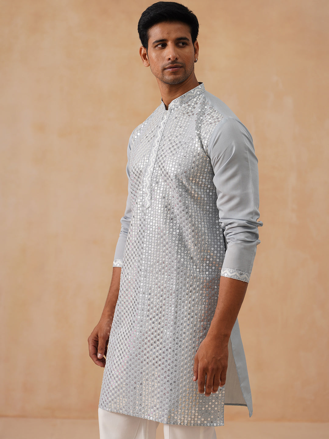 Embroidered Mirror Work Kurta Pyjama ( KO 5286 Grey )
