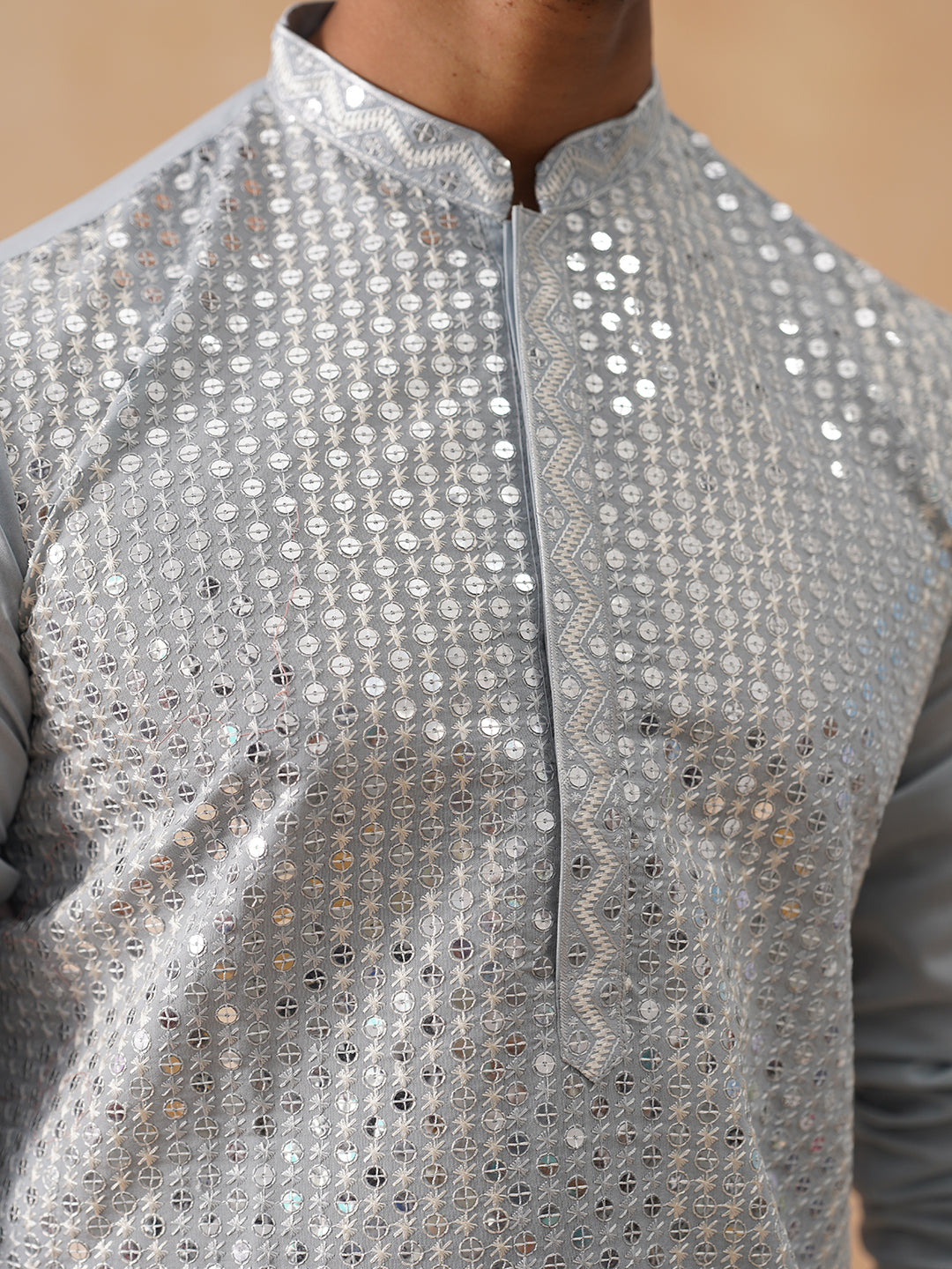 Embroidered Mirror Work Kurta Pyjama ( KO 5286 Grey )