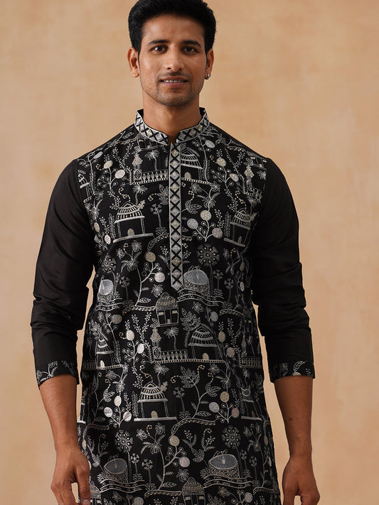 Silk Blend Embroidered Kurtas ( KO 5288 Black ) [FF] [I-1]