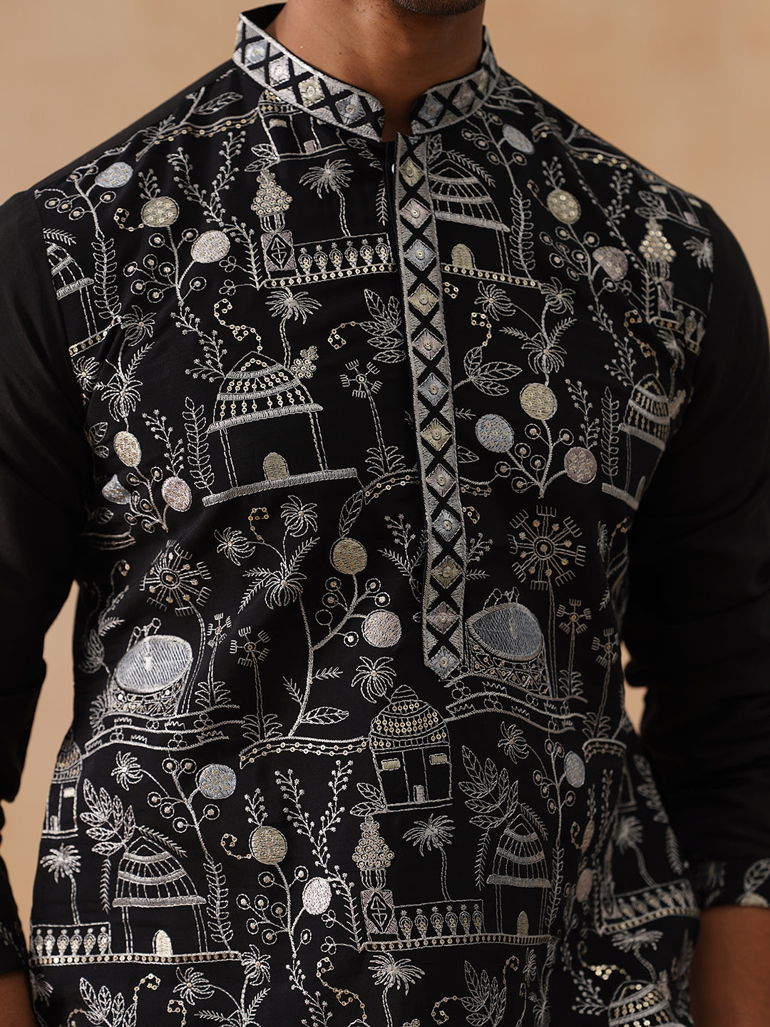 Silk Blend Embroidered Kurtas ( KO 5288 Black ) [FF] [I-1]