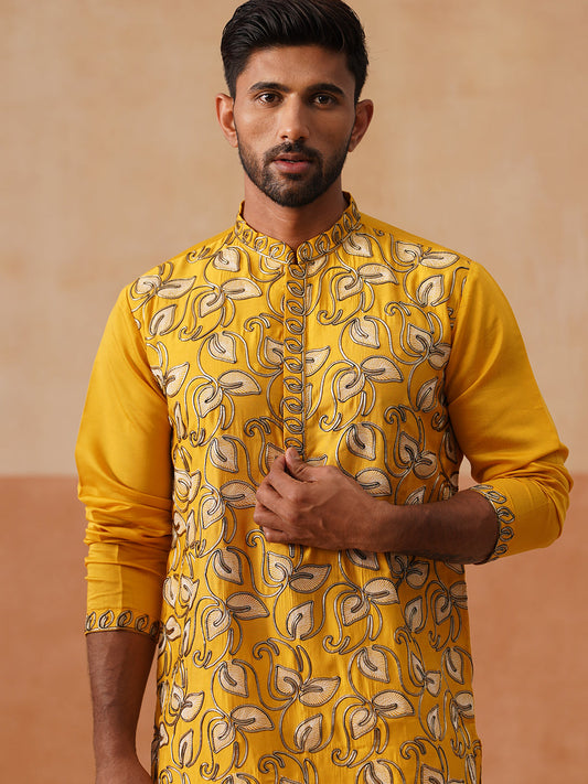 Floral Thread Embroidered Silk Blend Kurtas ( KO 5290 Mustard )