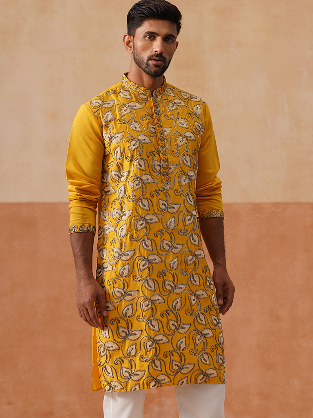 Floral Thread Embroidered Silk Blend Kurtas ( KO 5290 Mustard )