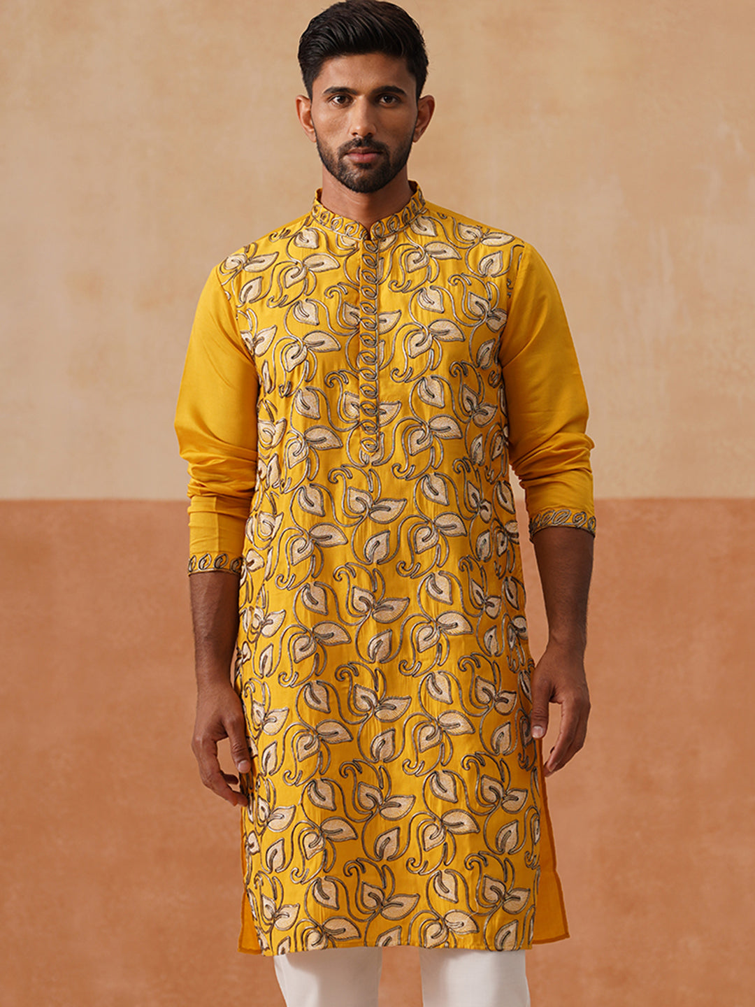 Floral Thread Embroidered Silk Blend Kurtas ( KO 5290 Mustard )