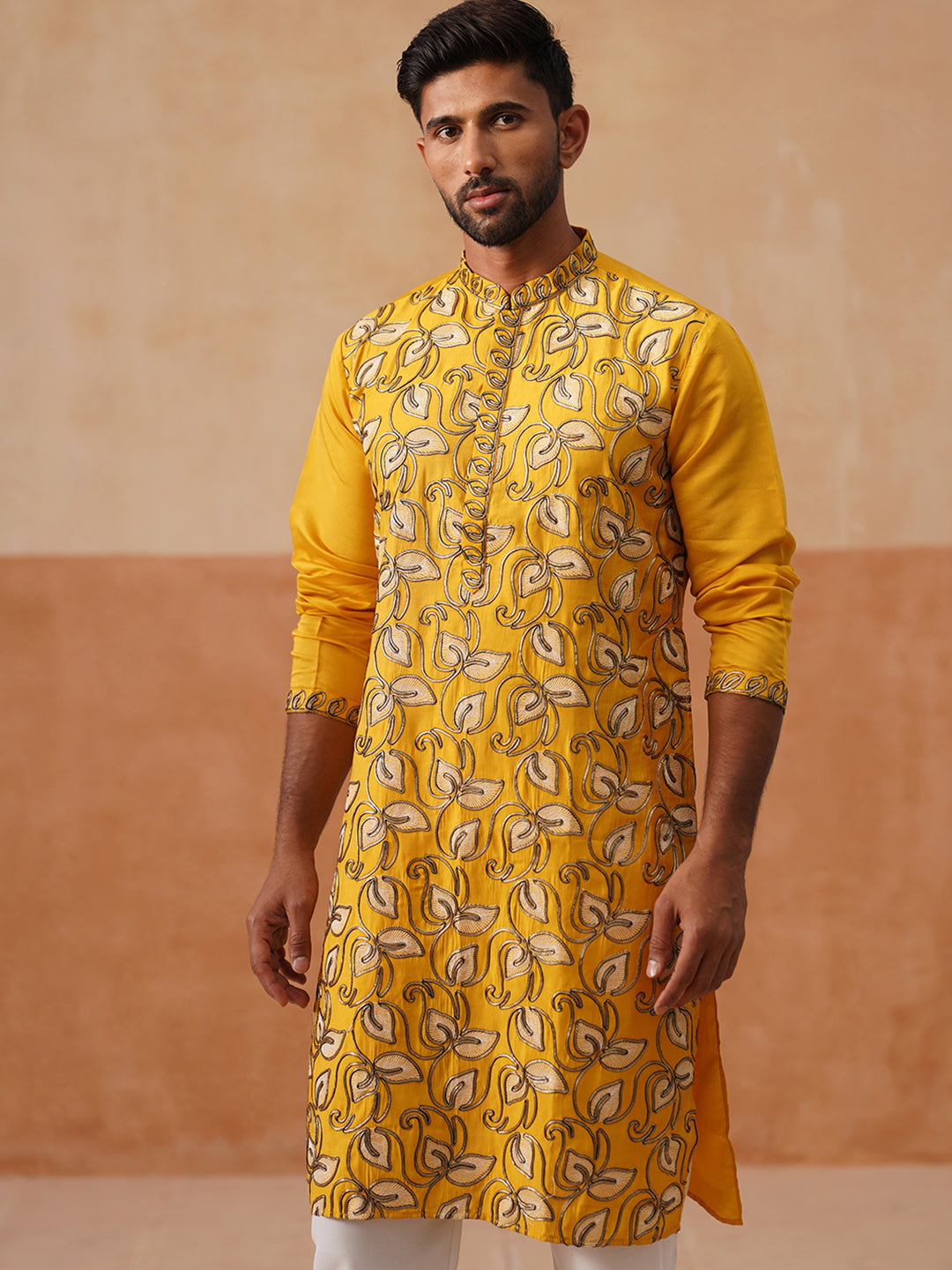 Floral Thread Embroidered Silk Blend Kurtas ( KO 5290 Mustard )