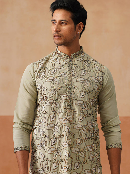 Floral Thread Embroidered Silk Blend Kurtas ( KO 5290 Pista )