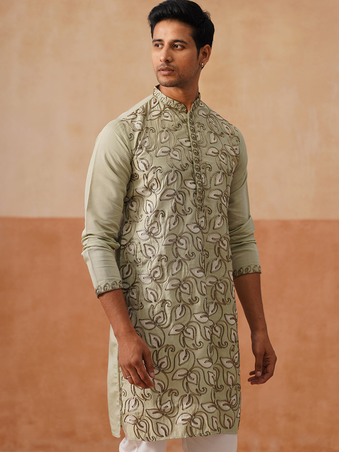 Floral Thread Embroidered Silk Blend Kurtas ( KO 5290 Pista )