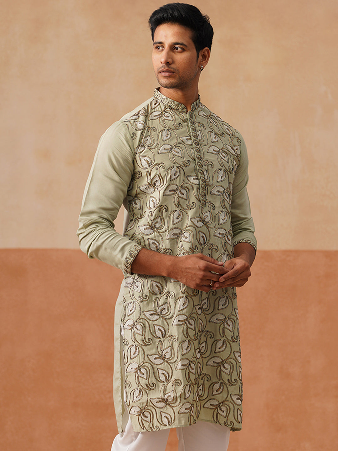 Floral Thread Embroidered Silk Blend Kurtas ( KO 5290 Pista )