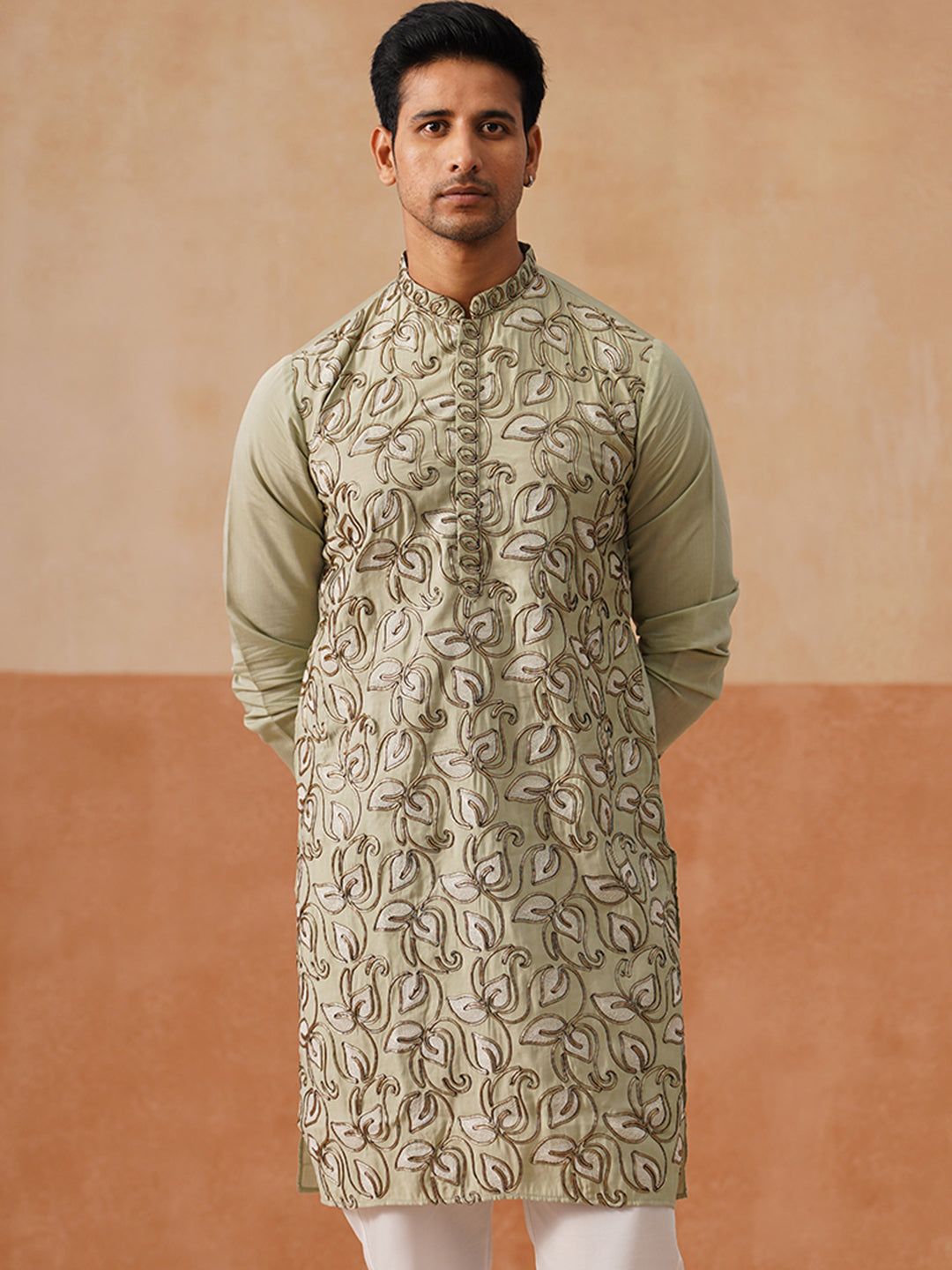 Floral Thread Embroidered Silk Blend Kurtas ( KO 5290 Pista )