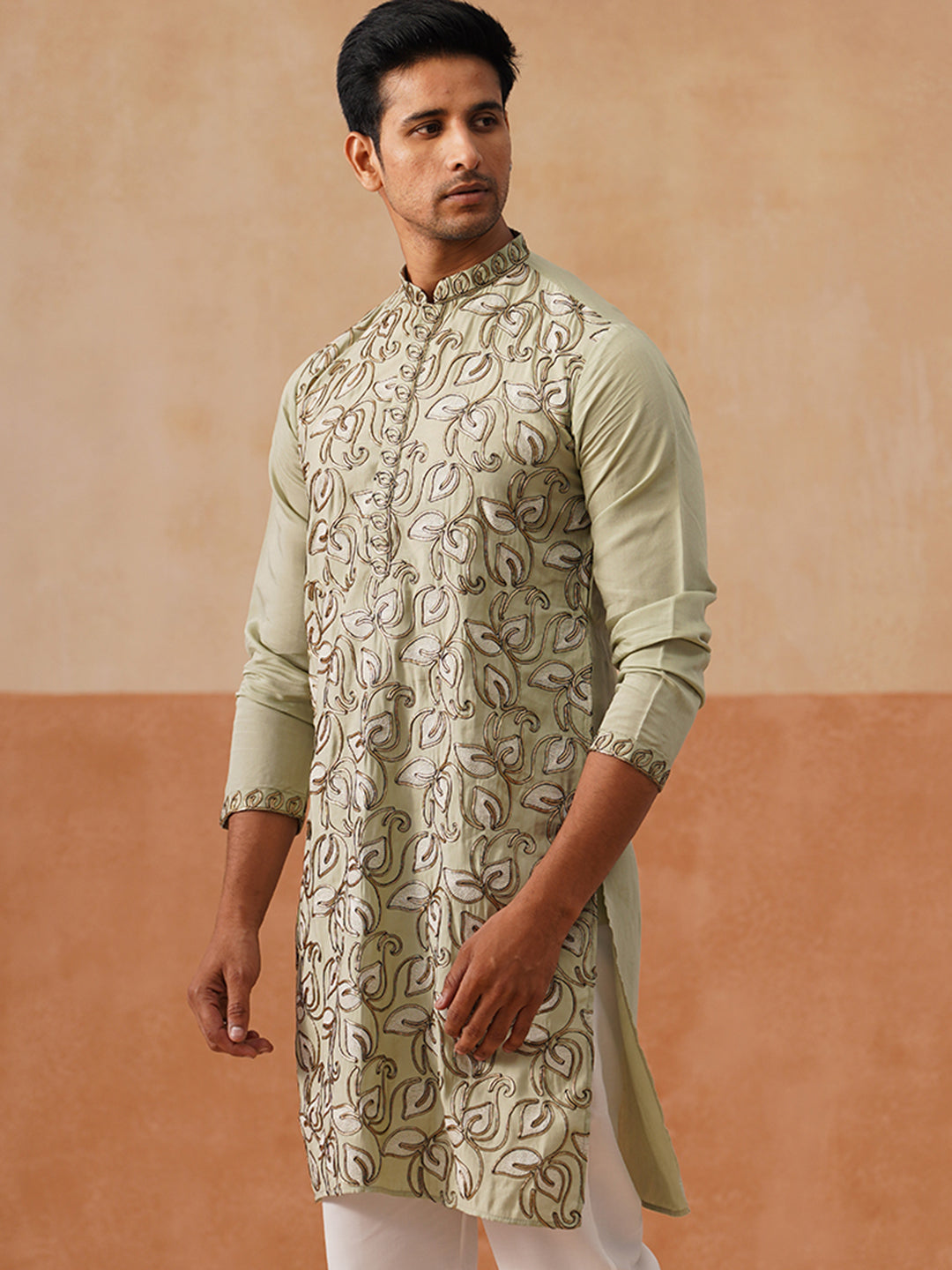 Floral Thread Embroidered Silk Blend Kurtas ( KO 5290 Pista )