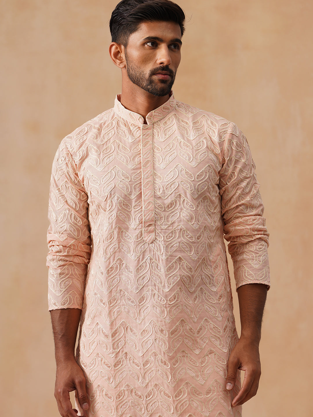 Floral Thread Embroidered Silk Blend Kurtas ( KO 5292 Peach ) [FF] [P-6]