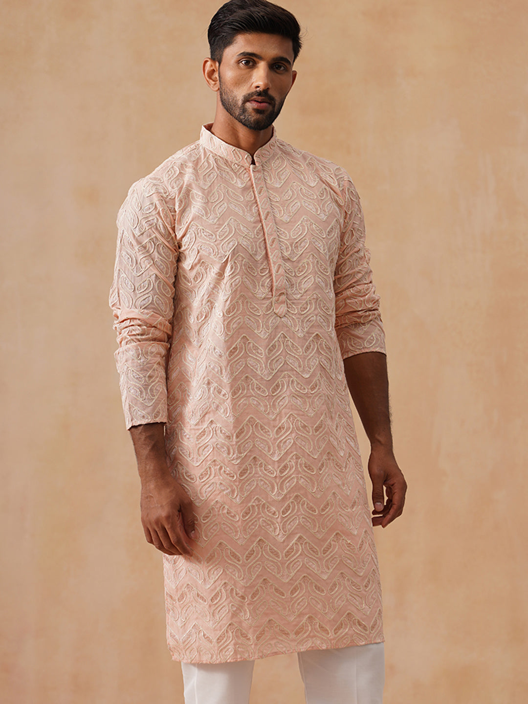 Floral Thread Embroidered Silk Blend Kurtas ( KO 5292 Peach ) [FF] [P-6]