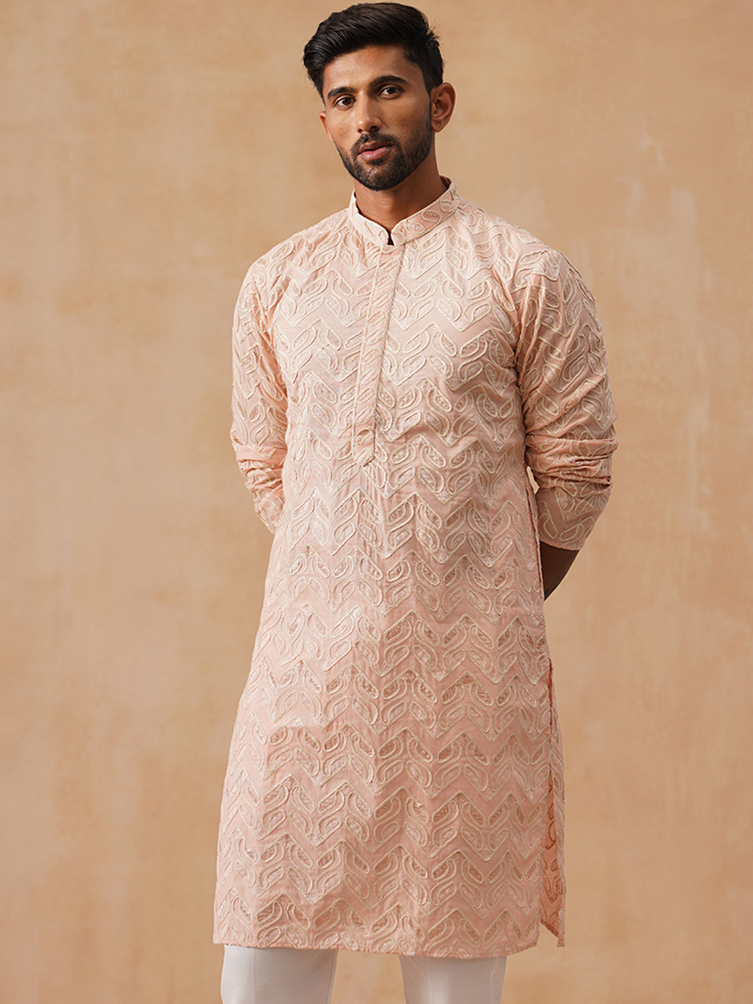 Floral Thread Embroidered Silk Blend Kurtas ( KO 5292 Peach ) [FF] [P-6]