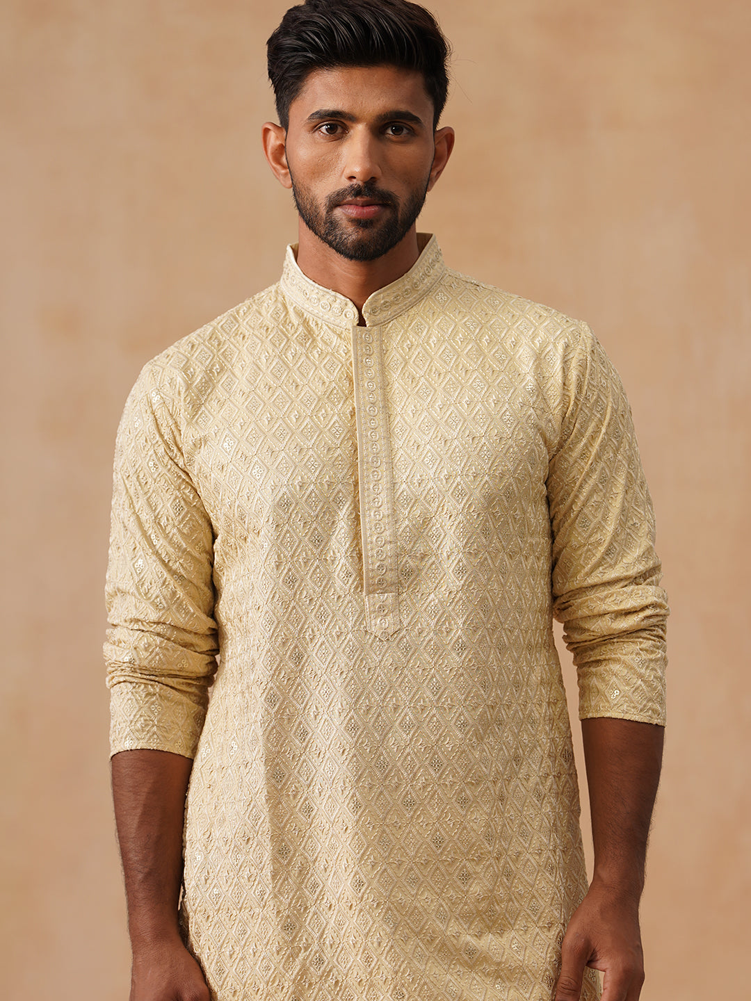 Men’s Festive Kurta with Intricate Embroidery ( KO 5293 Beige ) [FF] [ I2 ]