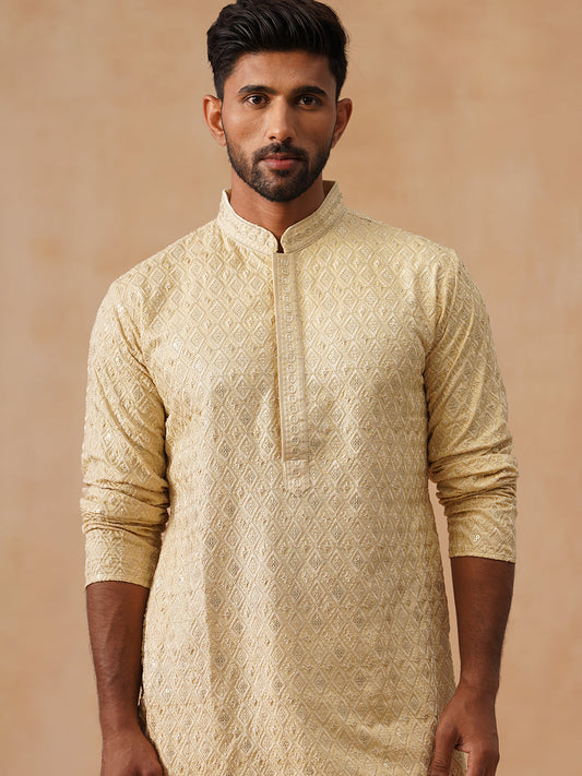 Men’s Festive Kurta with Intricate Embroidery ( KO 5293 Beige ) [FF] [ I2 ]