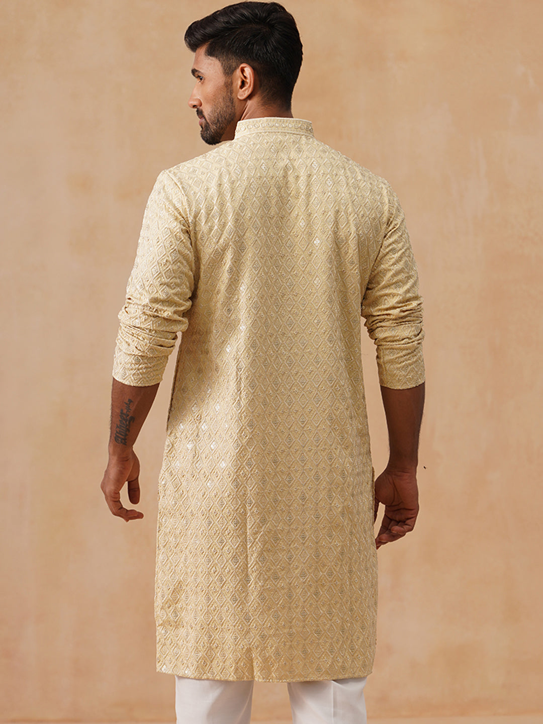 Men’s Festive Kurta with Intricate Embroidery ( KO 5293 Beige ) [FF] [ I2 ]
