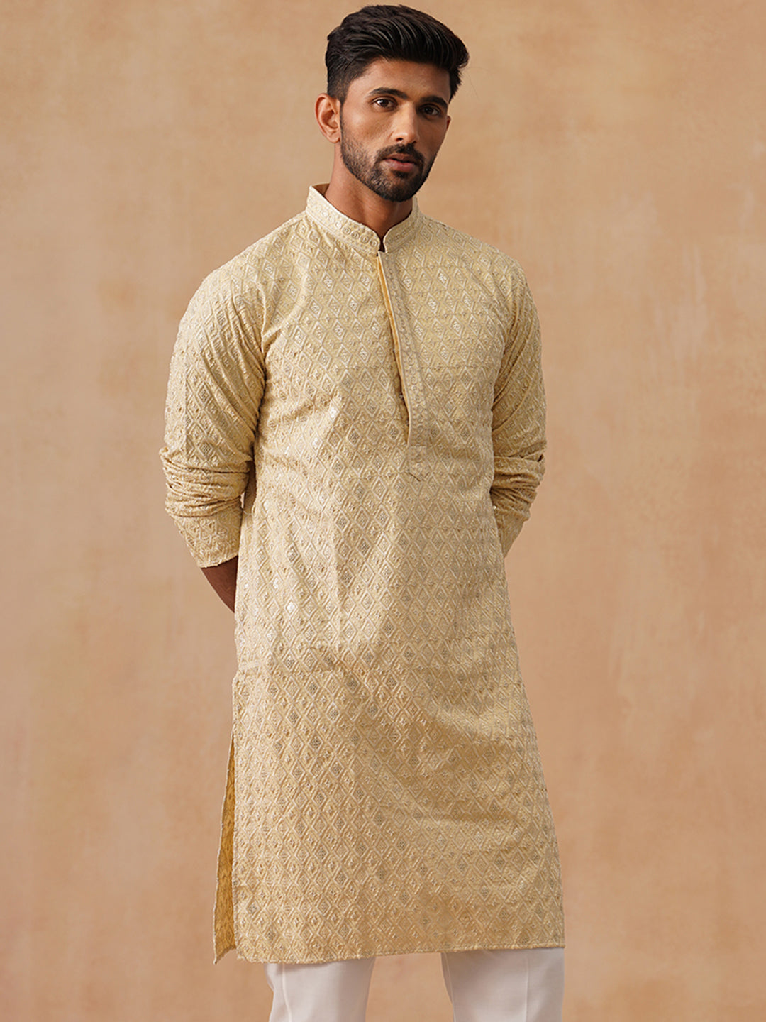 Men’s Festive Kurta with Intricate Embroidery ( KO 5293 Beige ) [FF] [ I2 ]