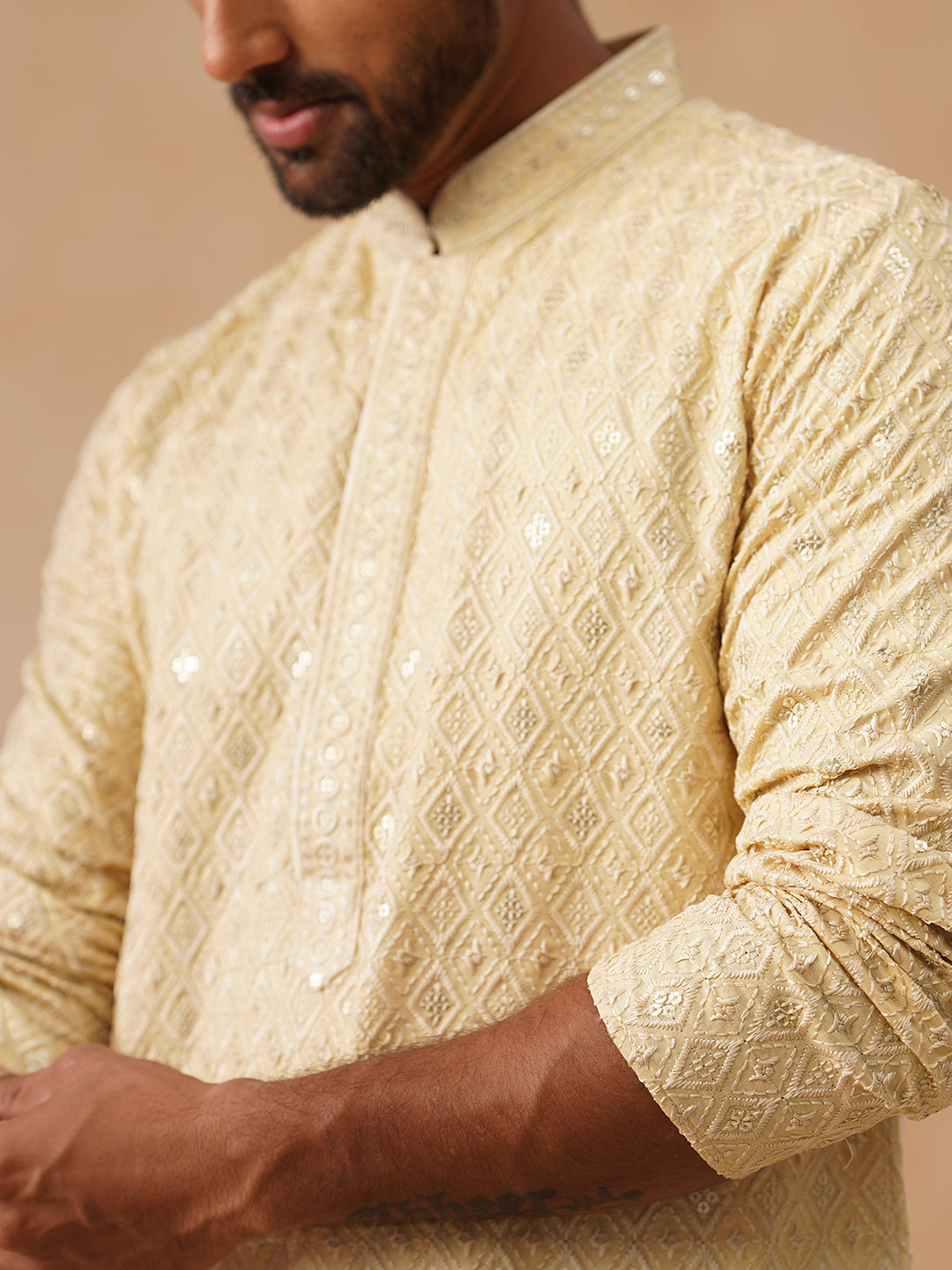 Men’s Festive Kurta with Intricate Embroidery ( KO 5293 Beige ) [FF] [ I2 ]