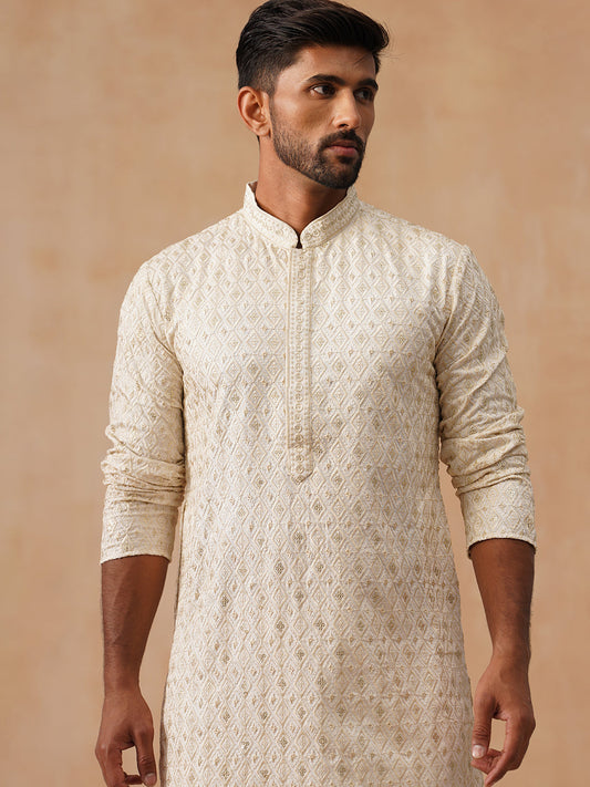 Men’s Festive Kurta with Intricate Embroidery ( KO 5293 Cream )