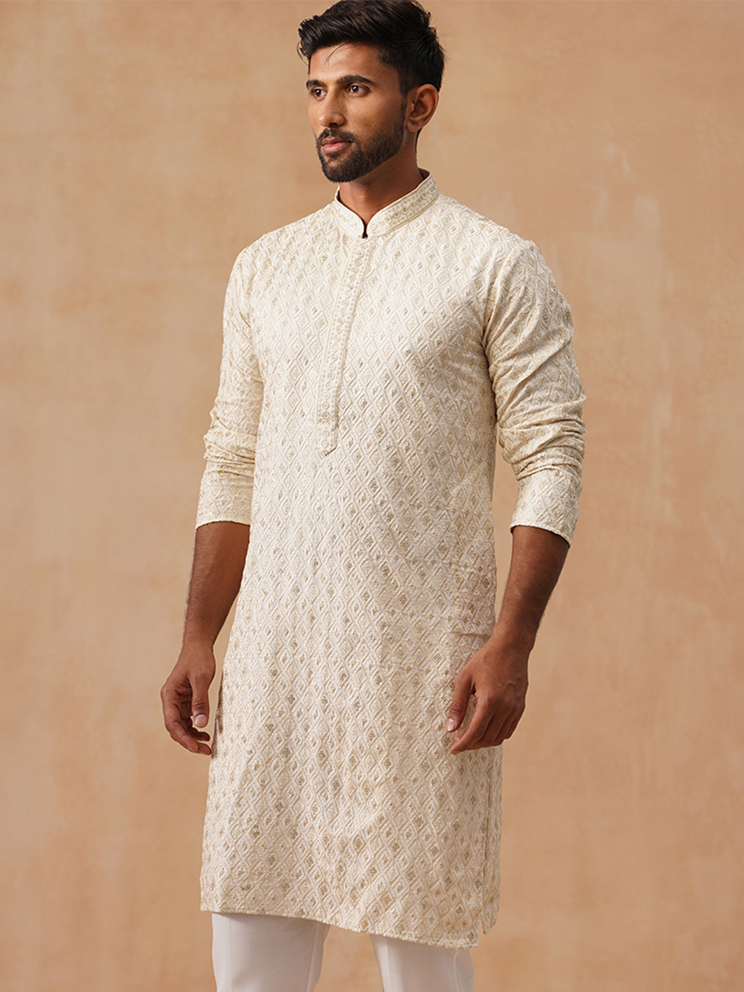 Men’s Festive Kurta with Intricate Embroidery ( KO 5293 Cream )