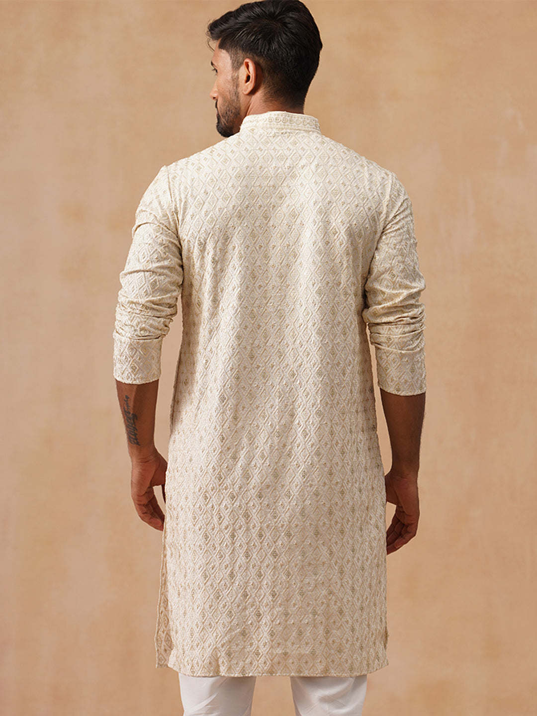 Men’s Festive Kurta with Intricate Embroidery ( KO 5293 Cream )