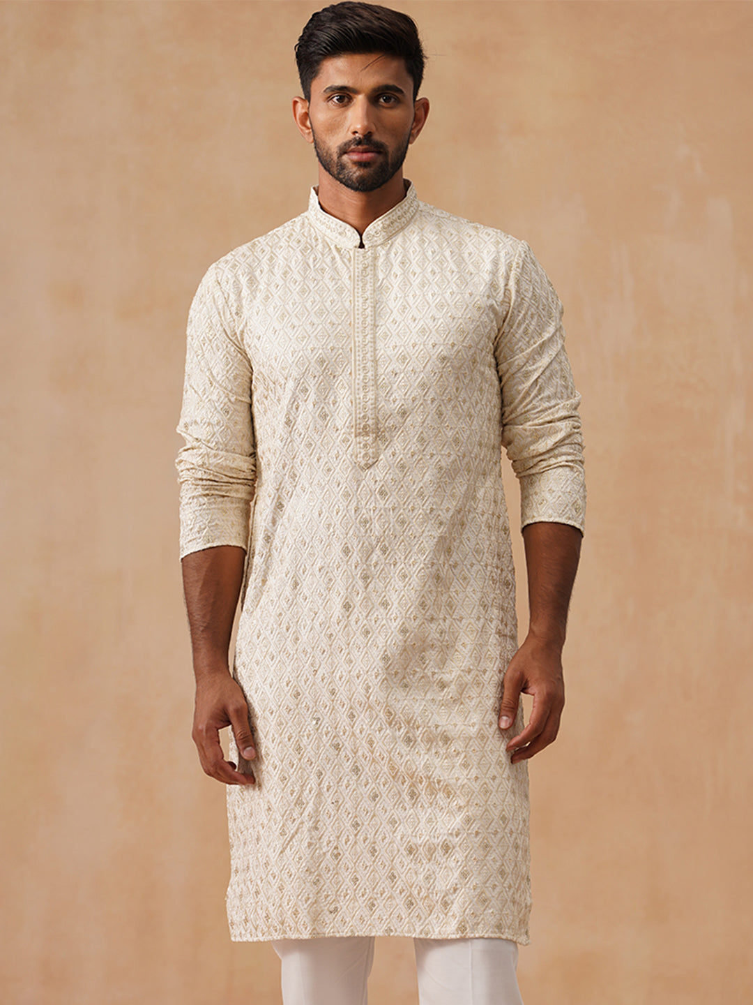 Men’s Festive Kurta with Intricate Embroidery ( KO 5293 Cream )