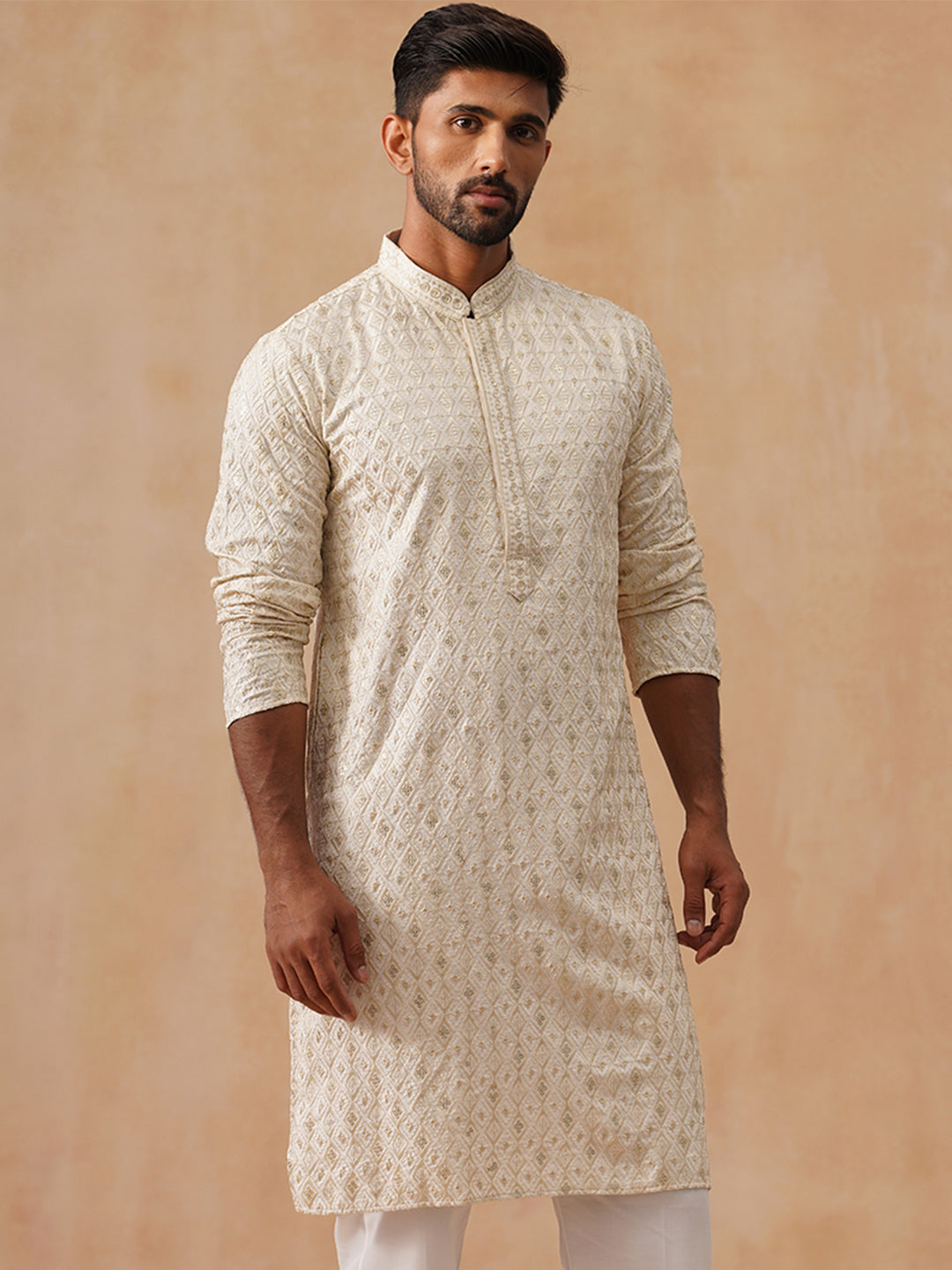 Men’s Festive Kurta with Intricate Embroidery ( KO 5293 Cream )