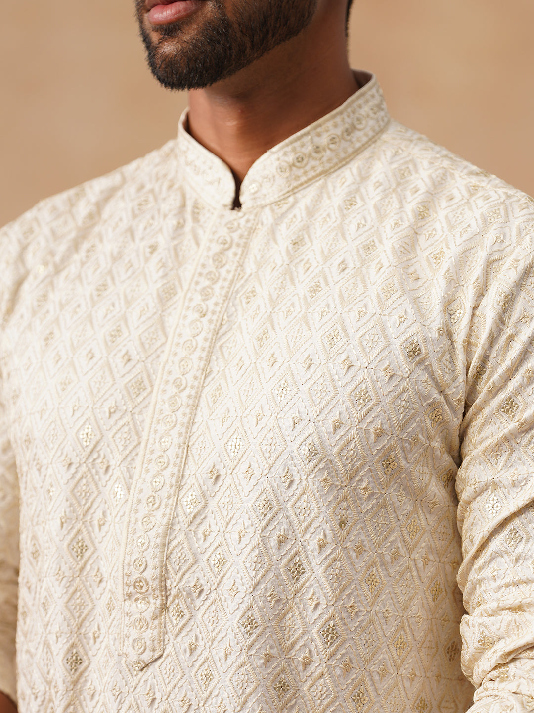 Men’s Festive Kurta with Intricate Embroidery ( KO 5293 Cream )