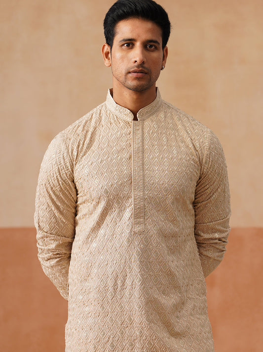 Men’s Festive Kurta with Intricate Embroidery ( KO 5293 Golden )