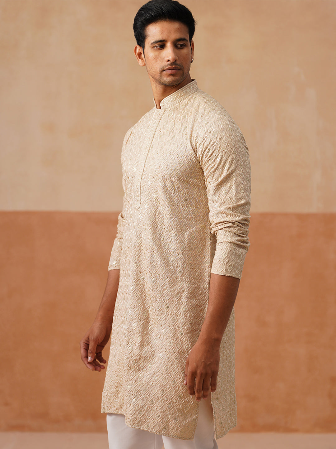 Men’s Festive Kurta with Intricate Embroidery ( KO 5293 Golden )