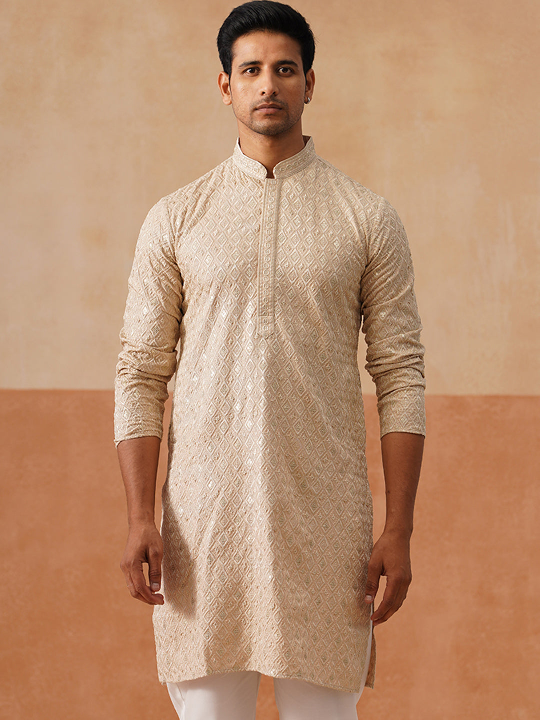 Men’s Festive Kurta with Intricate Embroidery ( KO 5293 Golden )
