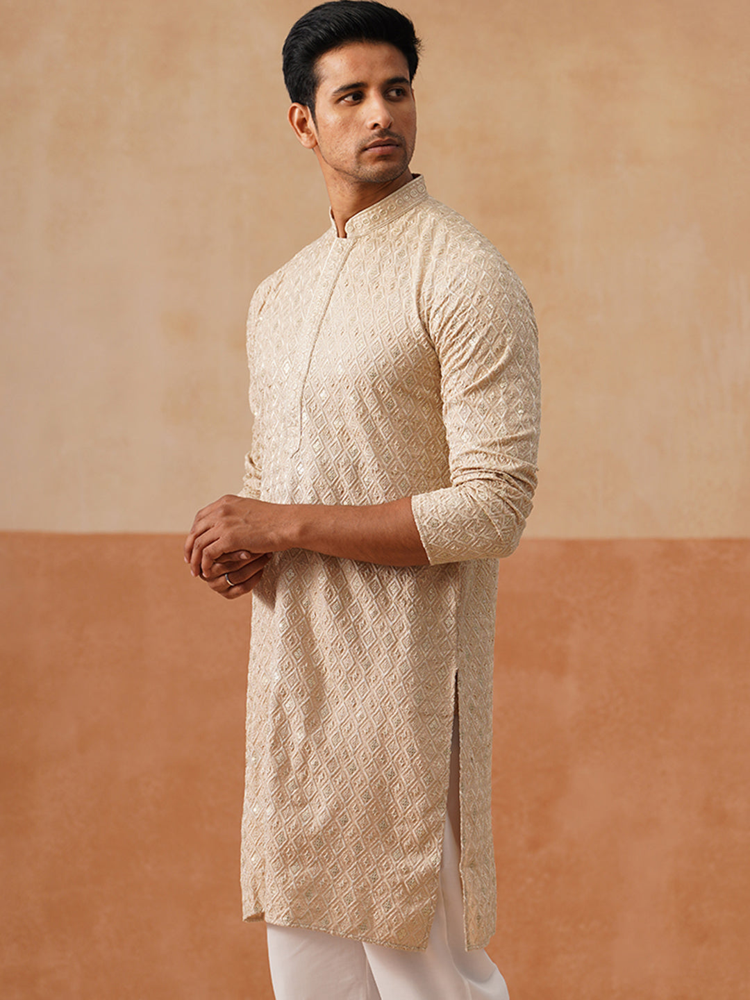 Men’s Festive Kurta with Intricate Embroidery ( KO 5293 Golden )