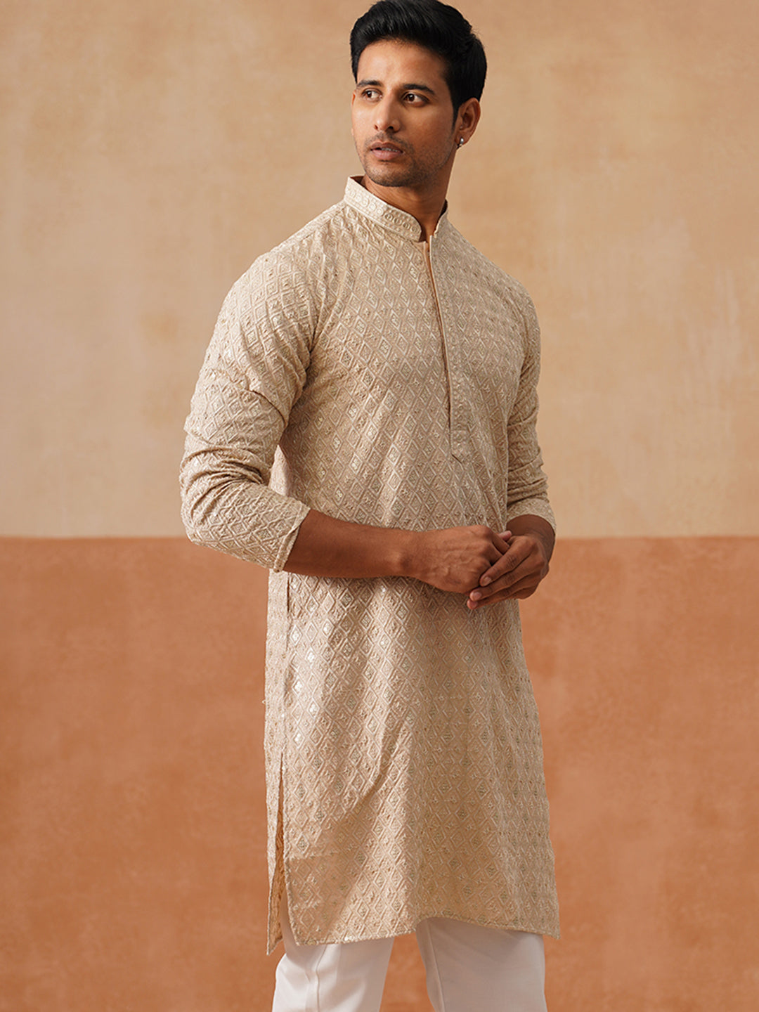 Men’s Festive Kurta with Intricate Embroidery ( KO 5293 Golden )