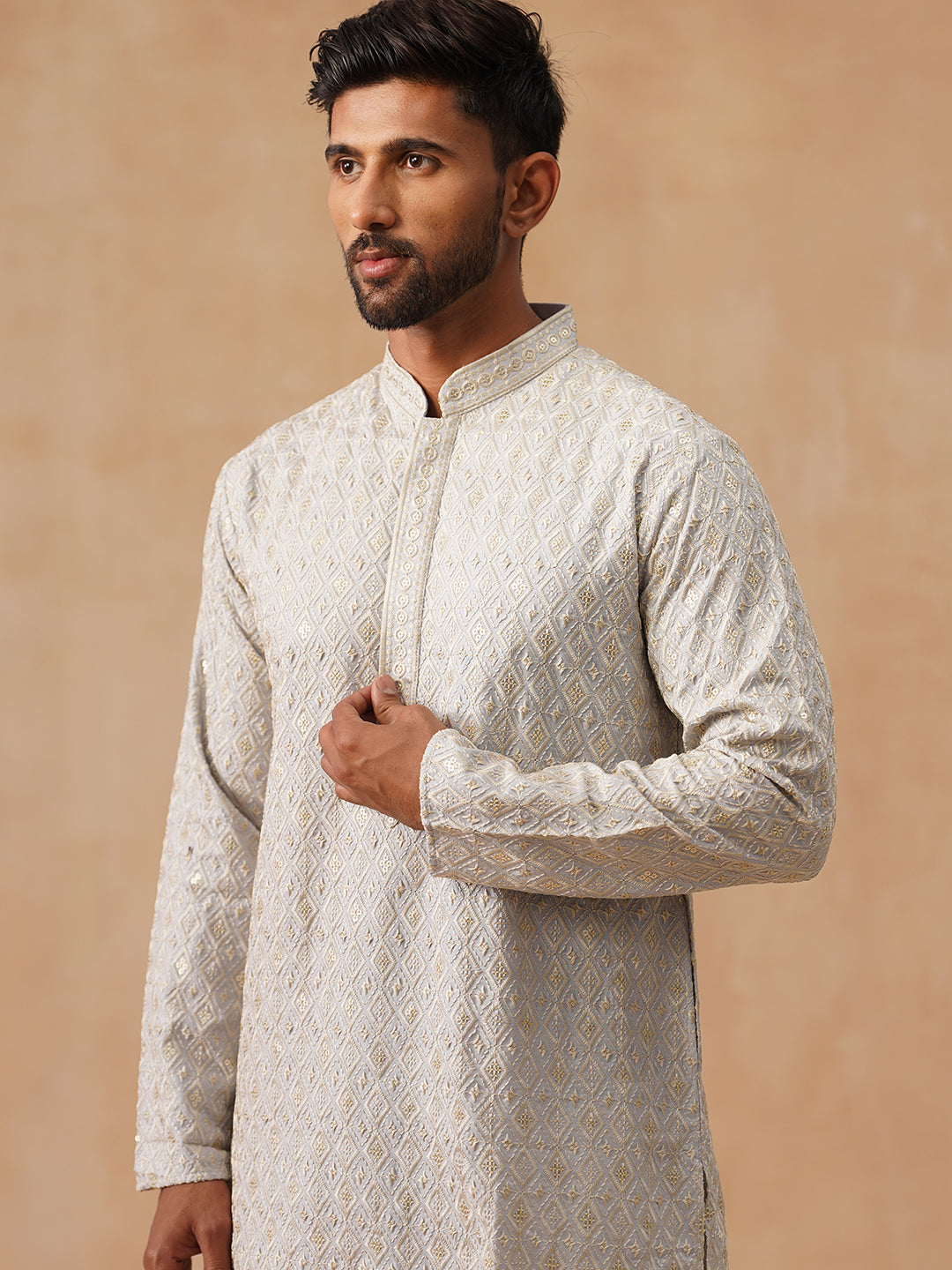 Men’s Festive Kurta with Intricate Embroidery ( KO 5293 Grey )